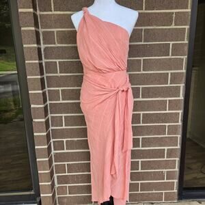 Here Comes The Sun One Shoulder Tie-waist Midi Dress Peach Sz M Romantic Beachy